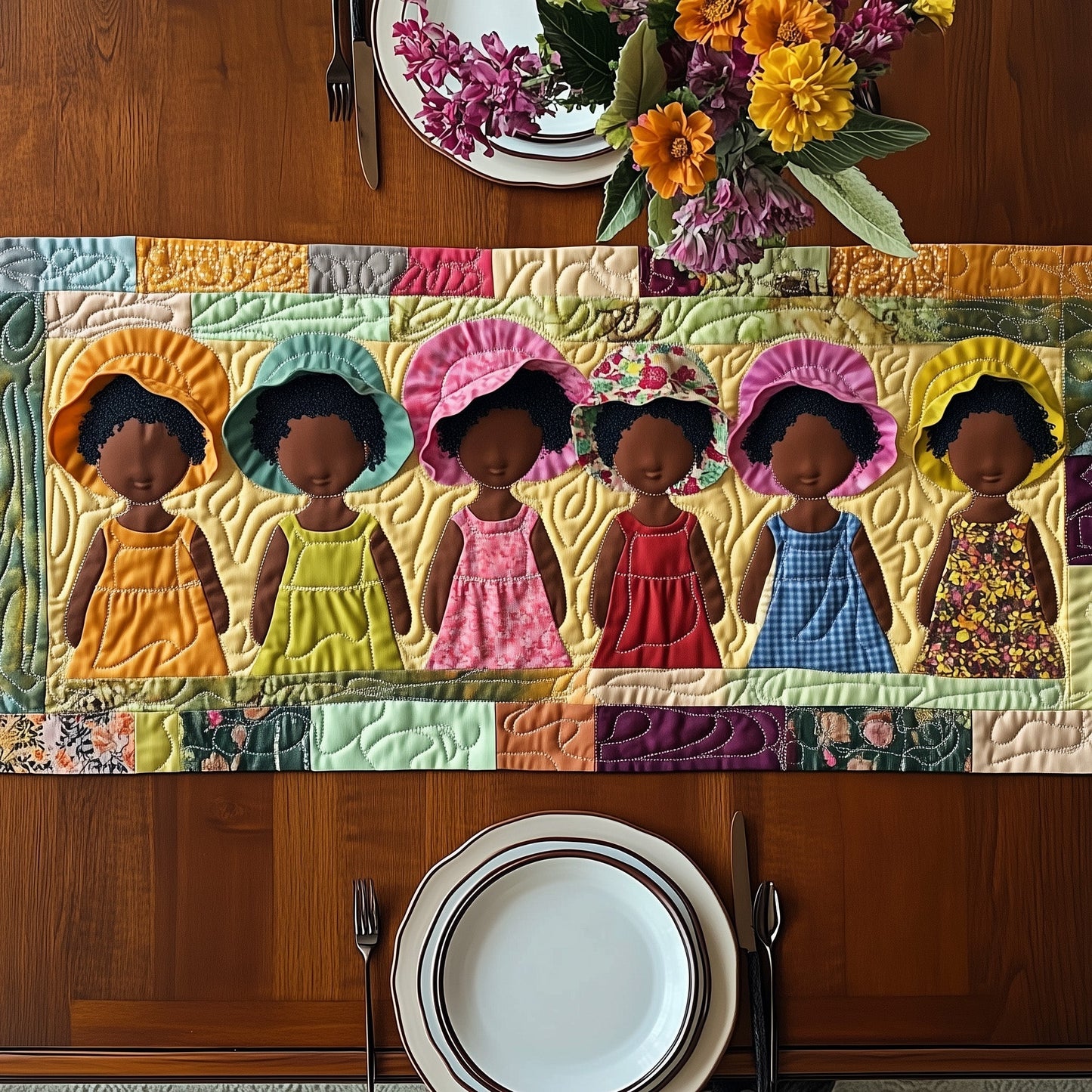Melanin and Sunbonnet Quilted Table Runner GFTOTP8687